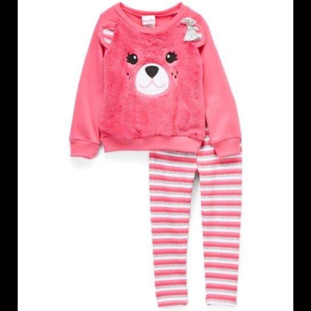Nannette Pink Bear Sweatshirt & Stripe Leggings